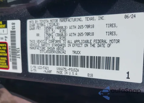 2024 Toyota Tundra Sr5 из США, поврежденный, VIN 5TFLA5DB5RX206342